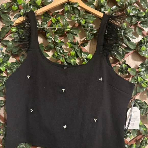 Arula Black Embellished Feather Strap Crop Top NWT – Size C #1 - Picture 3 of 9